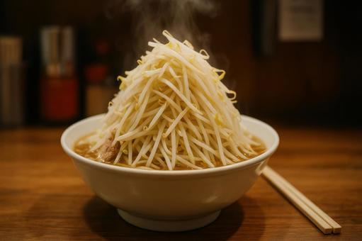 ラーメンに山盛りのもやしをトッピング ラーメンに山盛りのもやしをトッピングの写真