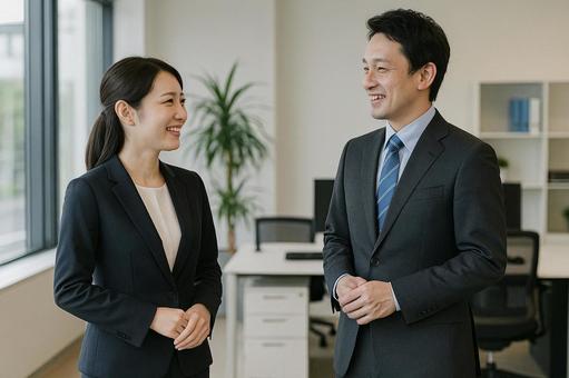 オフィスで雑談する男女社員 オフィスで雑談する男女社員の写真