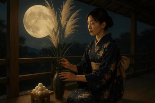 ススキを生ける若い女性と月明かり ススキを生ける若い女性と月明かりの写真