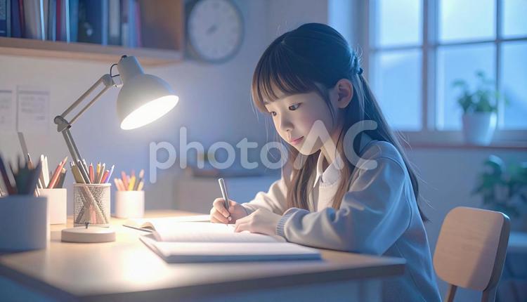 教室の机で勉強する女の子 教室,宿題,予習の写真素材