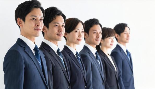 斜めの角度から見た整列する若い会社員 斜めの角度から見た整列する若い会社員の写真