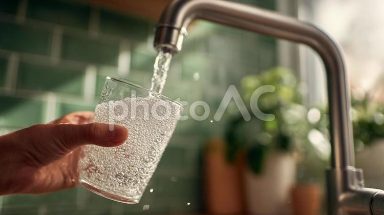手で傾けたグラスに満たされる透明な水 水,グラス,手の写真素材