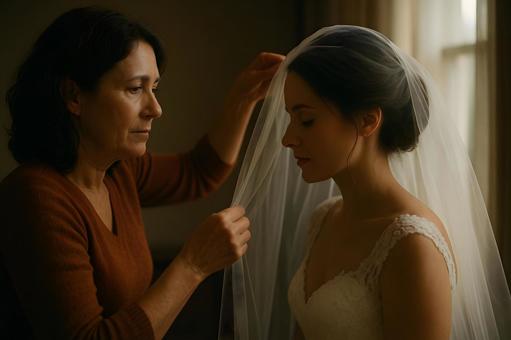 ベールを整える母娘の写真