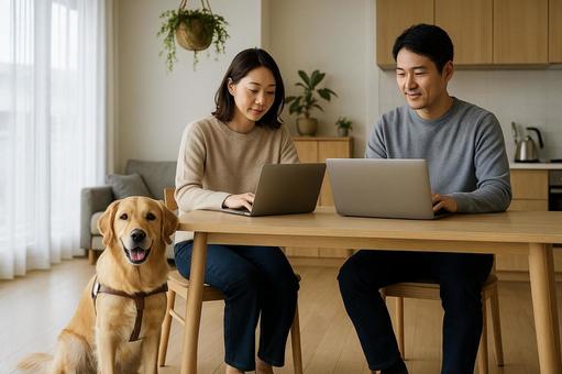 夫婦の在宅ワークと盲導犬 夫婦の在宅ワークと盲導犬の写真