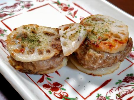 レンコンサンド レンコン,挟み焼,ハンバーグの写真素材