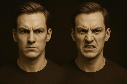 怒りの左右非対称な双子の男性の表情 怒りの左右非対称な双子の男性の表情の写真