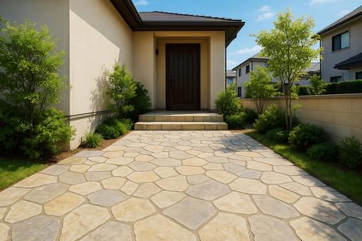 自然石の質感が美しい玄関アプローチ風景 自然石の質感が美しい玄関アプローチ風景の写真