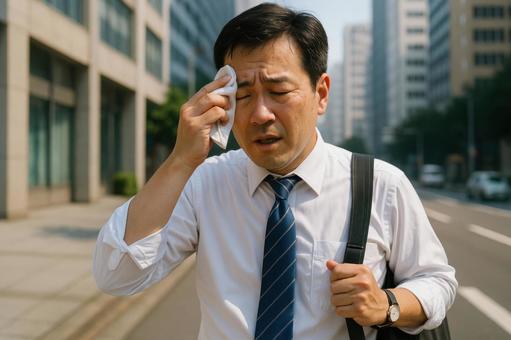通勤中に汗を拭うサラリーマン 通勤中に汗を拭うサラリーマンの写真