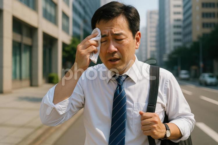 通勤中に汗を拭うサラリーマン 男性,日本,夏の写真素材