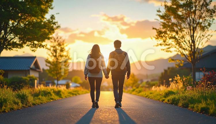 手をつないで夕日へ向かって歩くカップル カップル,夕日,シルエットの写真素材