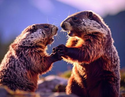 喧嘩して威嚇しあうマーモット 喧嘩して威嚇しあうマーモットの写真
