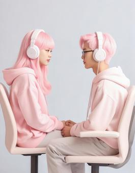 ヘッドホンをするカップル ヘッドホンをするカップルの写真