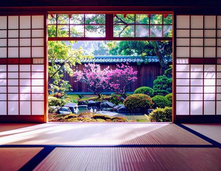 和室から眺める日本庭園の写真