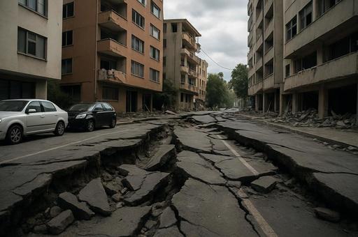 地震で崩壊した街路 地震で崩壊した街路の写真