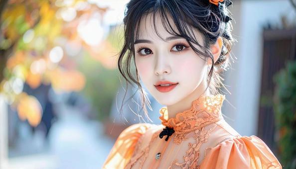 ハロウィンの仮装 女性 オレンジ色ドレス ハロウィンの仮装 女性 オレンジ色ドレスの写真