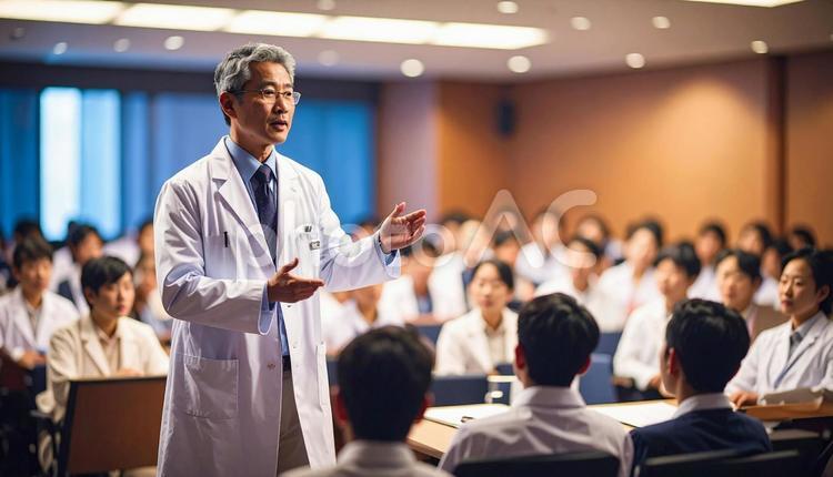男性医師が壇上で発表、説明をする勉強会 看護師,研修,医療従事者の写真素材