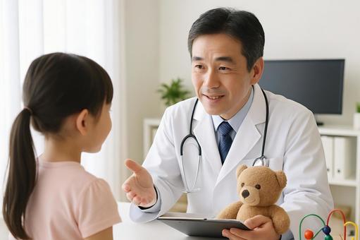 小児患者に話しかける医師 小児患者に話しかける医師の写真