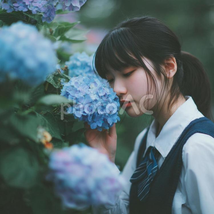 セーラー服の少女と咲き誇るアジサイ 日本人,女の子,学生の写真素材