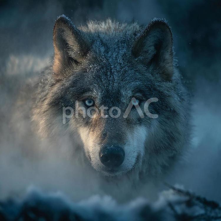 夜明けの光に照らされた、野生のオオカミ オオカミ,動物,野生動物の写真素材