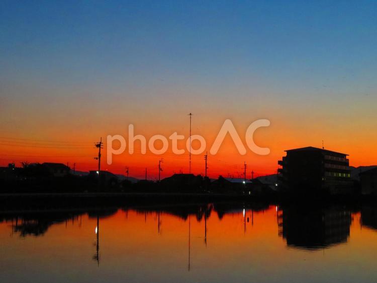 ９月下旬の野田池からの朝焼け 背景,朝焼け,たそがれの写真素材