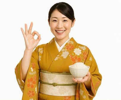 白米の入った茶碗とオッケーポーズの女性の写真