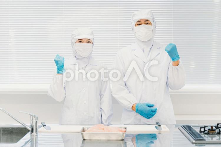 食品加工の仕事をする調理員の男女 食品加工,精肉加工,肉の写真素材