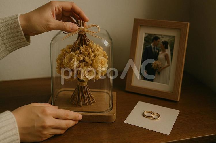 結婚記念のドライフラワー・ガラスドーム 結婚記念,ドライフラワー,ガラスドームの写真素材