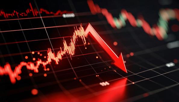 Red down arrow on a plummeting stock chart, bar chart, recession, stock chart, JPG