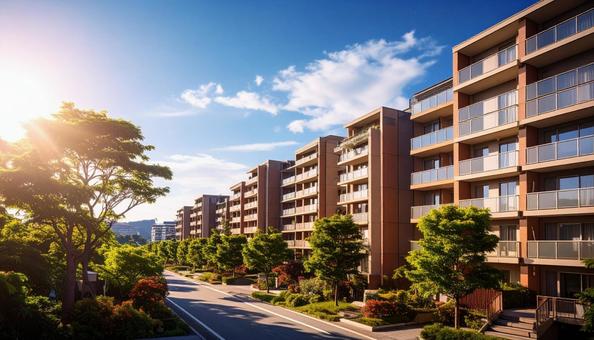 高層マンションを見上げる　青空背景の写真