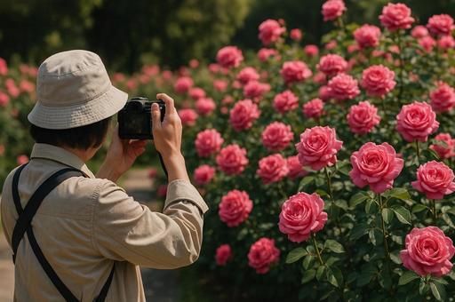 満開の薔薇と人物撮影の写真