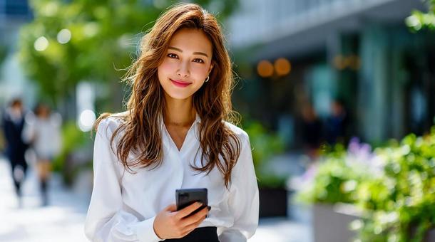 スマホを持つ白いシャツ姿の日本人美女の写真