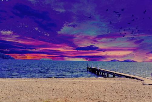 夕闇と桟橋 桟橋,湖,琵琶湖の写真素材