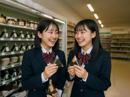 おにぎりを持つ女子高生の写真