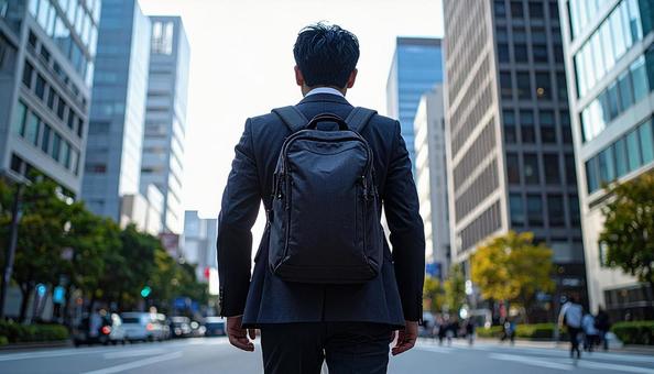 街中を通勤で歩いていくリュック姿の男性 街中を通勤で歩いていくリュック姿の男性の写真