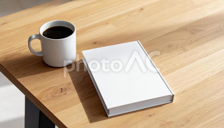木製デスクの白い本とコーヒー 本,コーヒー,マグカップの写真素材