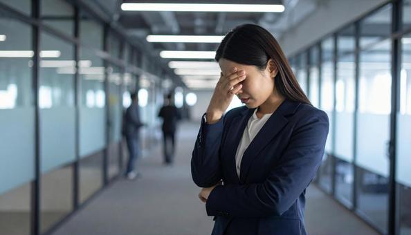 仕事で失敗して悩む女性社員 仕事で失敗して悩む女性社員の写真