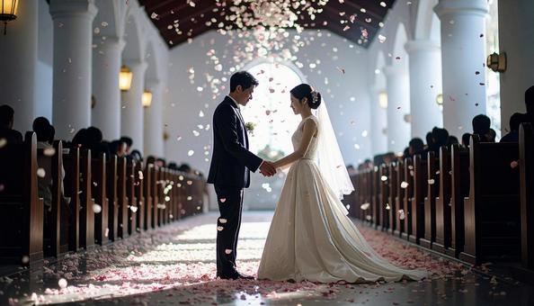 紙吹雪が舞い落ちる教会の新郎新婦 紙吹雪が舞い落ちる教会の新郎新婦の写真