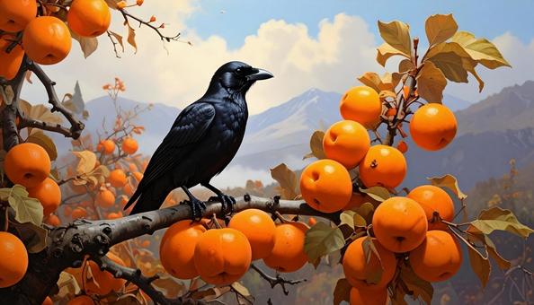 カラスと柿の写真