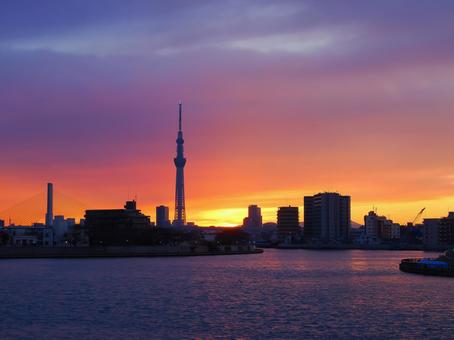 夕焼けスカイツリーが映える中川 夕焼けスカイツリーが映える中川の写真