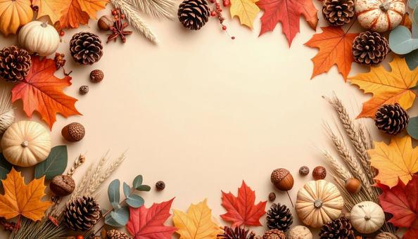秋の味覚と紅葉を散りばめたフレーム素材 秋の味覚と紅葉を散りばめたフレーム素材の写真