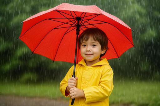 雨の中で赤い傘を持つ男の子 雨の中で赤い傘を持つ男の子の写真