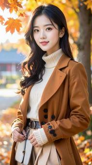 秋の背景に立つ若い日本人女性の写真