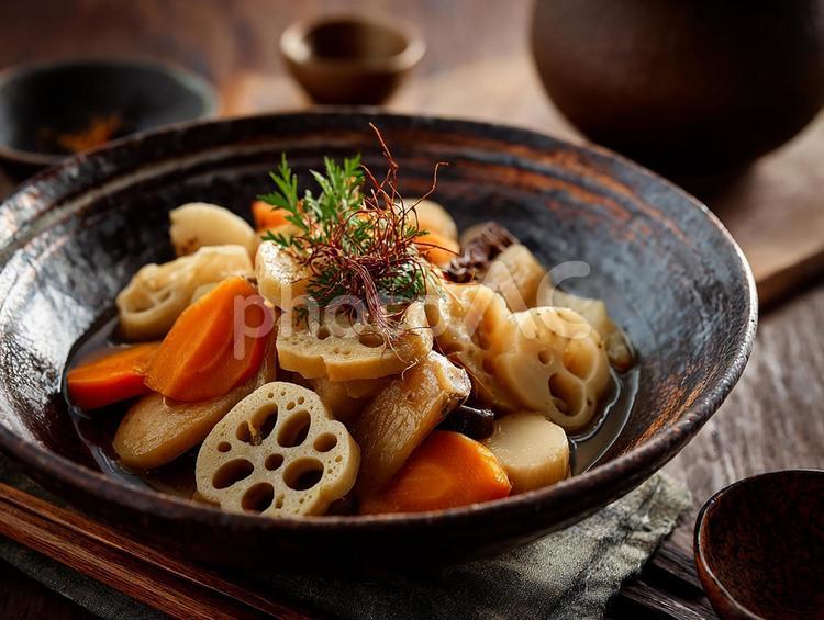 伝統的な和食の煮物 煮物,和食,根菜の写真素材