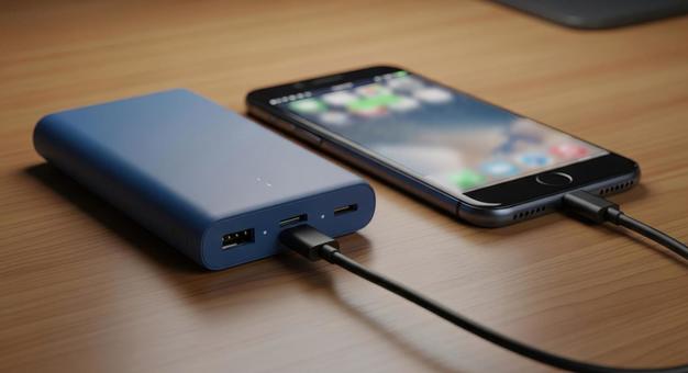 紺色のモバイルバッテリーでスマホを充電 紺色のモバイルバッテリーでスマホを充電の写真