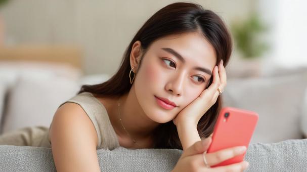 ソファーに寝そべりスマホを眺める女性 ソファーに寝そべりスマホを眺める女性の写真