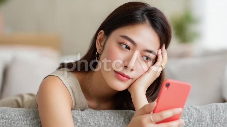 ソファーに寝そべりスマホを眺める女性 若い女性,スマホ,操作の写真素材