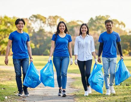 歩きながら公園を綺麗にする若者たちの写真
