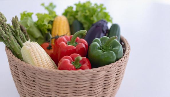 カゴに盛った夏野菜 カゴに盛った夏野菜の写真