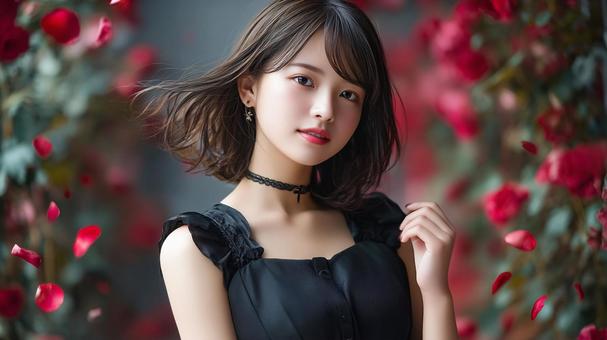 薔薇園と黒髪の女性の写真