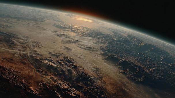 宇宙から見た荒廃した惑星：砂漠と地平線の写真